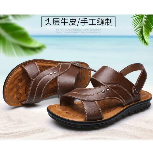 Black Men Genuine Leather Sandals Summer Casual Sports Beach Shoes Soft Slippers - Picture 7 of 14