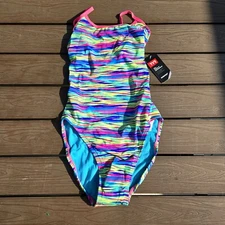 TYR DuraFast One Girl Bonzai Crosscut Tieback 1 pc Swim Blue/Multi Sz 26  New