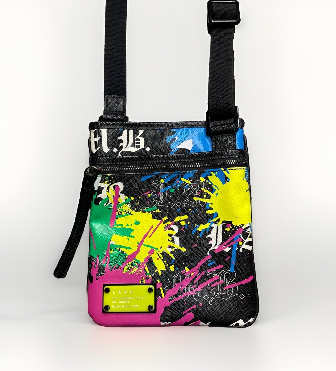 L.A.M.B. x Gwen Stefani Black PVC Neon Paint Splatter Shoulder