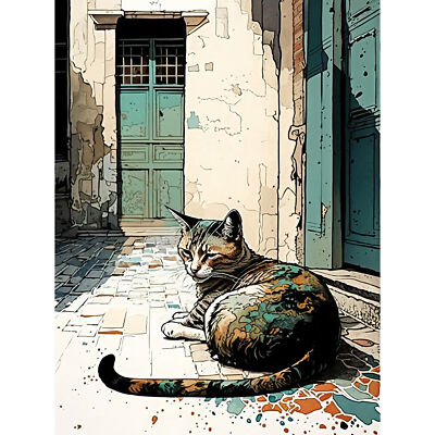 Cat Sunbathing on Cobblestone Street Modern Canvas Poster Print Picture Wall Art