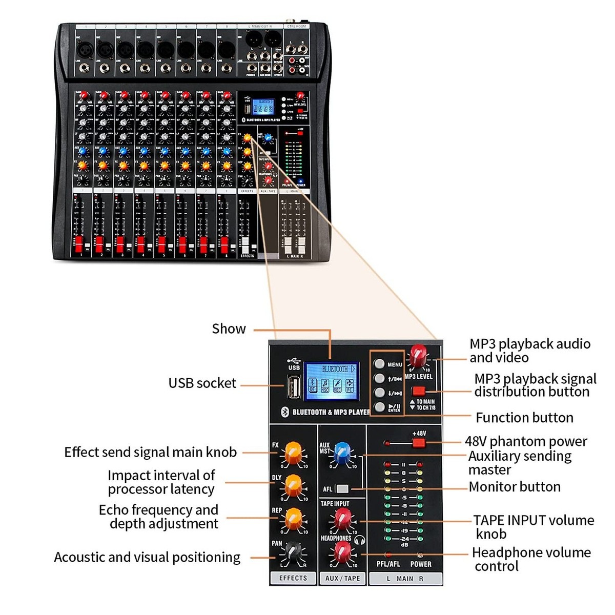 Depusheng DX8 Professional Mixer Sound Board Console 8 Channel