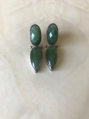 Vintage  DARLA N Jade Jadeite Carved Earrings Sterling Silver