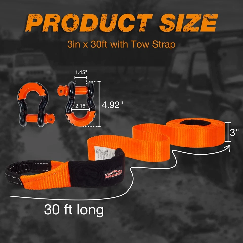 Recovery Kit 12T 9M*75MM Heavy Duty 4WD Snatch Strap+2 Bow Shackle - image 4 of 4