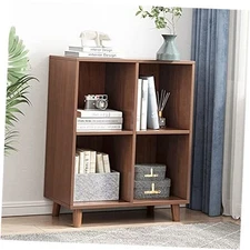  Freestanding Open Cubes Bookcase - 2-Tier Floor Standing 2-Tier 4-Cubes Walnut