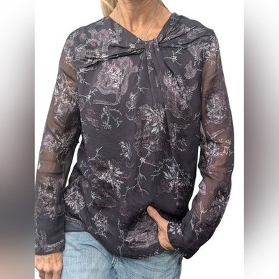 Grey Jason Wu Silk Blend Metallic Floral Sheer Blouse Size 0 Designer Top