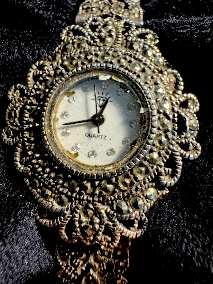 Vintage “Diamante” Plata de Ley 925 Marcasita Japón Cuarzo Art Deco FUNCIONA Foto 2 de 4