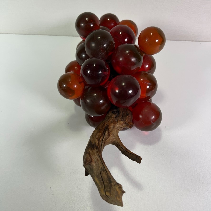 Vintage Mid Century Cluster of Red Acrylic Lucite Grapes Drift Wood Decorative