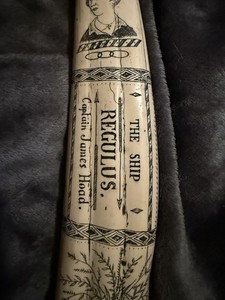 Scrimshaw Tusk 15 Inch The Ship Regulus, Captain James Hoad Resin Reproduction