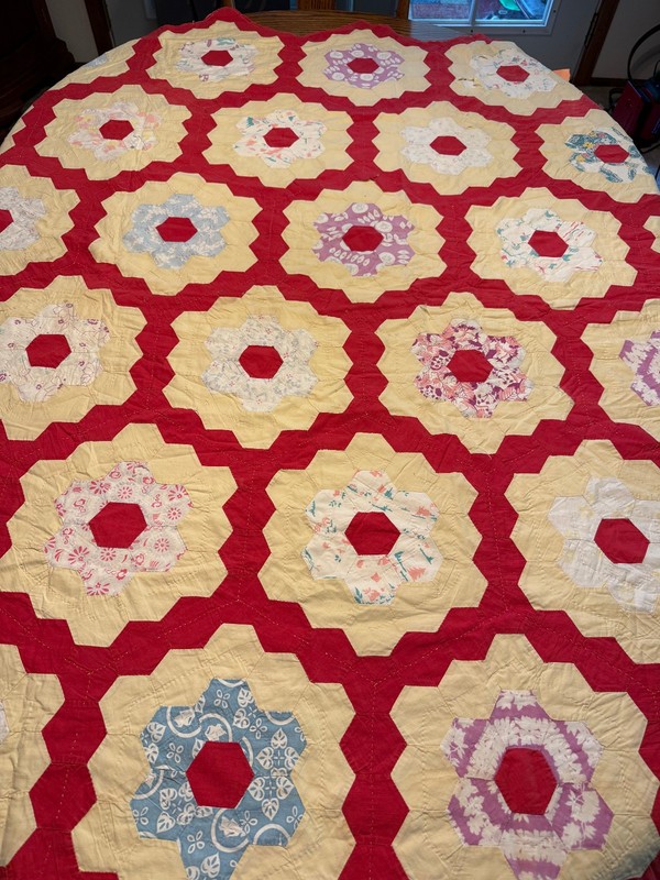 Vintage Honeycomb Quilt; 60"x76" Red w Multicolors Cotton; See Details;  Age?