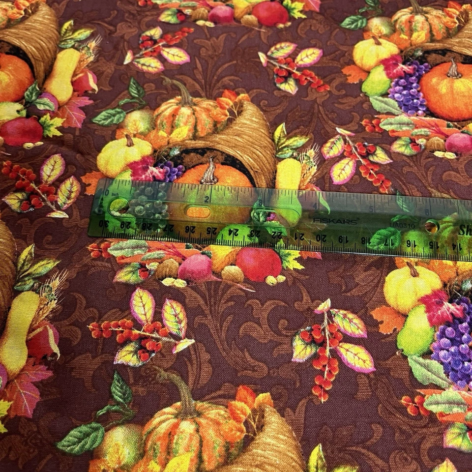Fall Fabric Autumn Harvest Cornucopia Wreath on Brown Cotton Fabric 55”x49” - Image 4 of 4