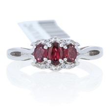 Sterling Silver Garnet  White Zircon Three-Stone Ring - 925 Oval Cut .93ctw