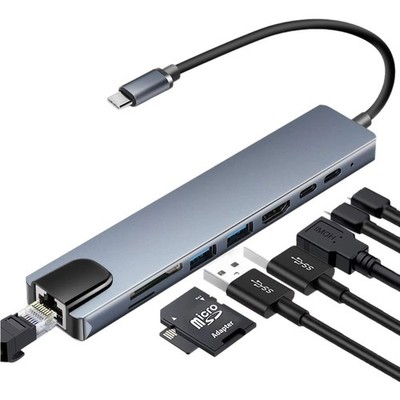 USB-C Hub 8-IN-1 Adapter 4K HDMI USB 3.0 LAN RJ45 Ethernet Micro SD Kartenleser