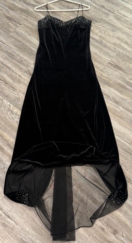 VTG 90’s Dave & Johnny Black Velvet Beaded Meshed Spaghetti Straps Dress 5/6 - Picture 7 of 23