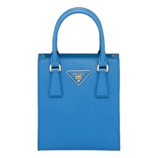 Prada Saffiano Leather Top Handle Mini Shopper Crossbody Bag Blue NEW