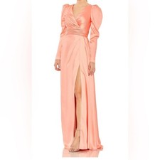 Mac Duggal 12404 Peach Satin Puff Sleeve Evening Gown Size 2 | Holiday Party