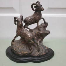 Cast Bronze Statue Sculpture Big Horn Sheep Ram Mountain Goats Wildlife Art 
