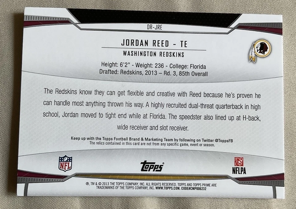 2013 Topps Prime Dual Relics #/25 Jordan Reed #DR-JRE Rookie RC Patch is the “R” - Image 4 of 4