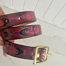 Vintage Tooled Leather Belt with Flowers Size Small fit 27 - 33”