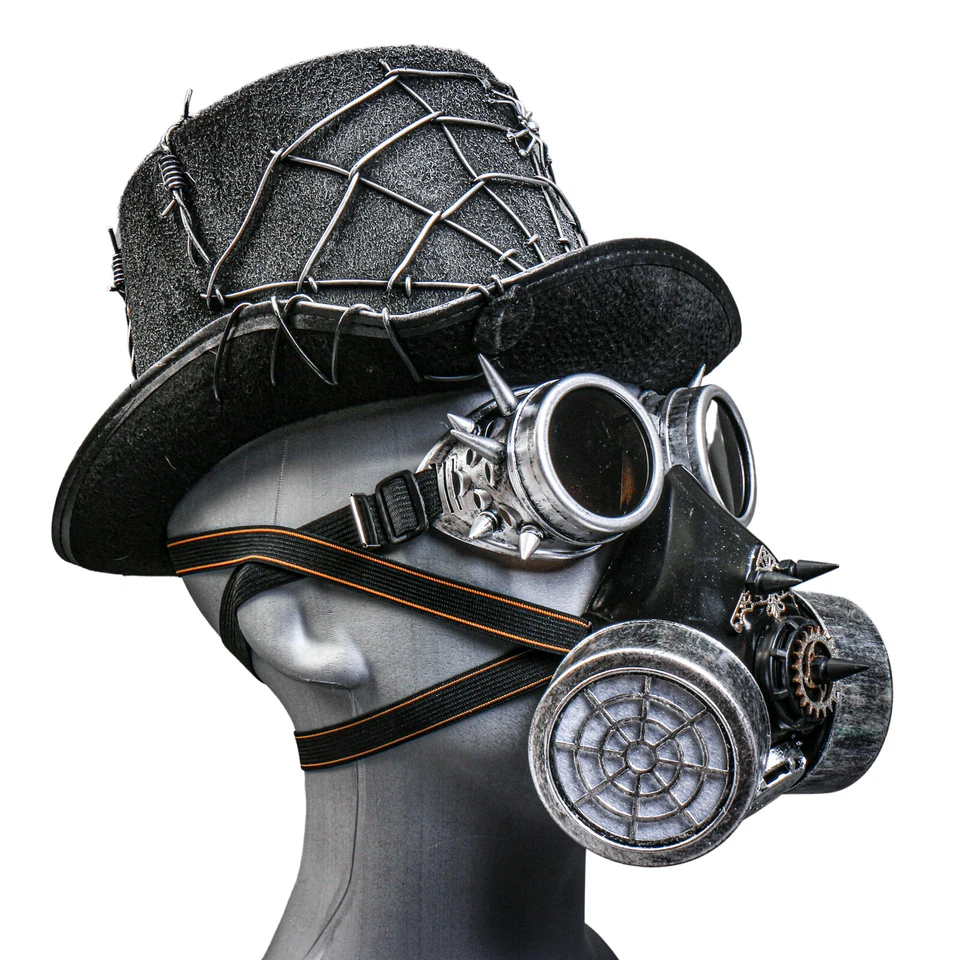 Sombrero de copa plateado de tela de araña de Halloween con máscara de gas dorada y gafas de espiga disfraz Foto 2 de 3