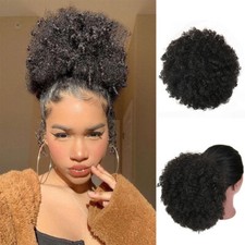 100 Human Hair Afro Curly Puff Drawstring Ponytail Extension Clip In On Bun