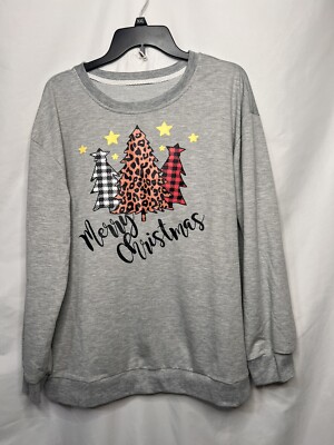 Shein Sweater Womens 1XL Gray Merry Christmas Trees Sweatshirt Holiday EUC 
