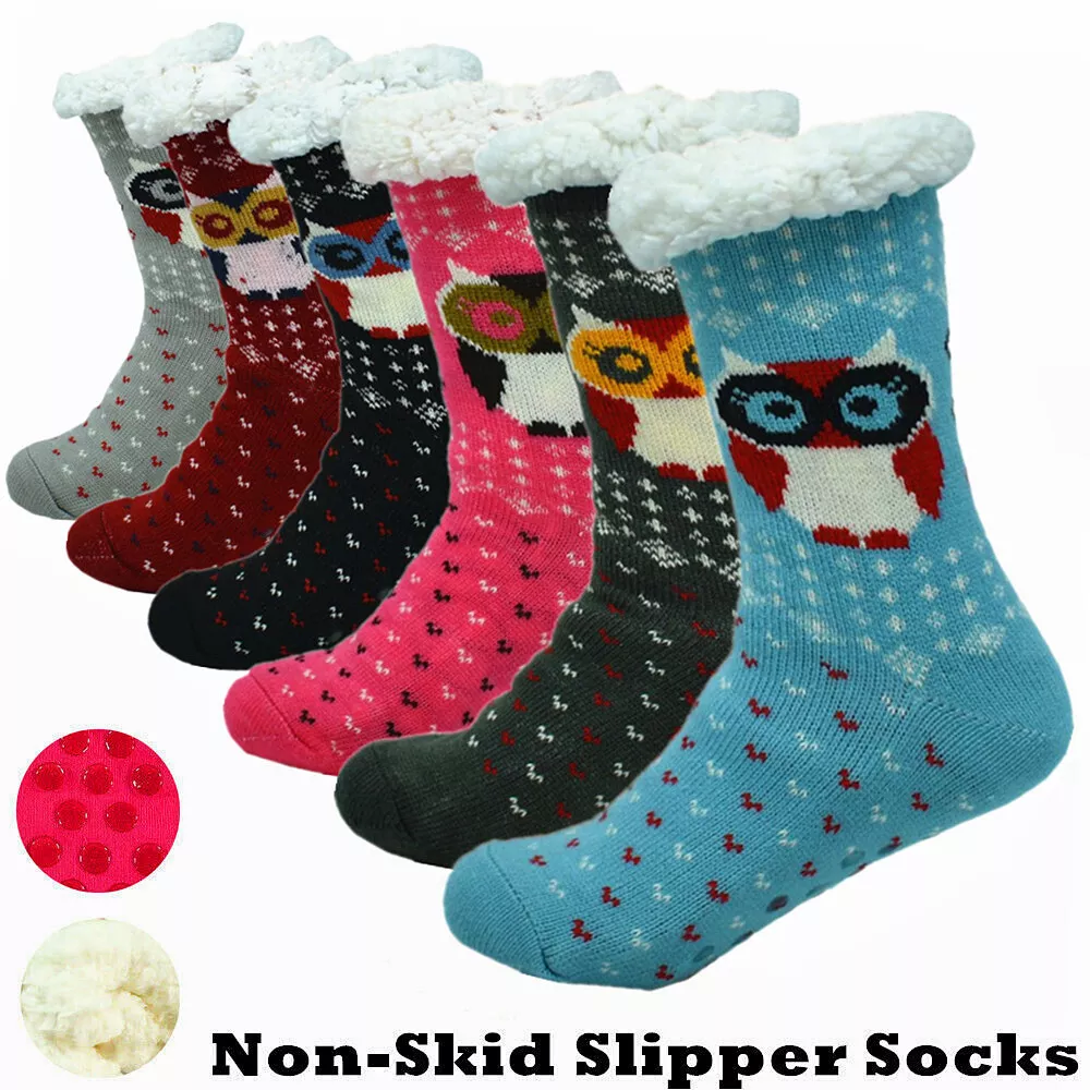 Womens Sherpa Thermal Fleece-lined Cozy Fuzzy Non-Skid Owl Slipper Socks LOT