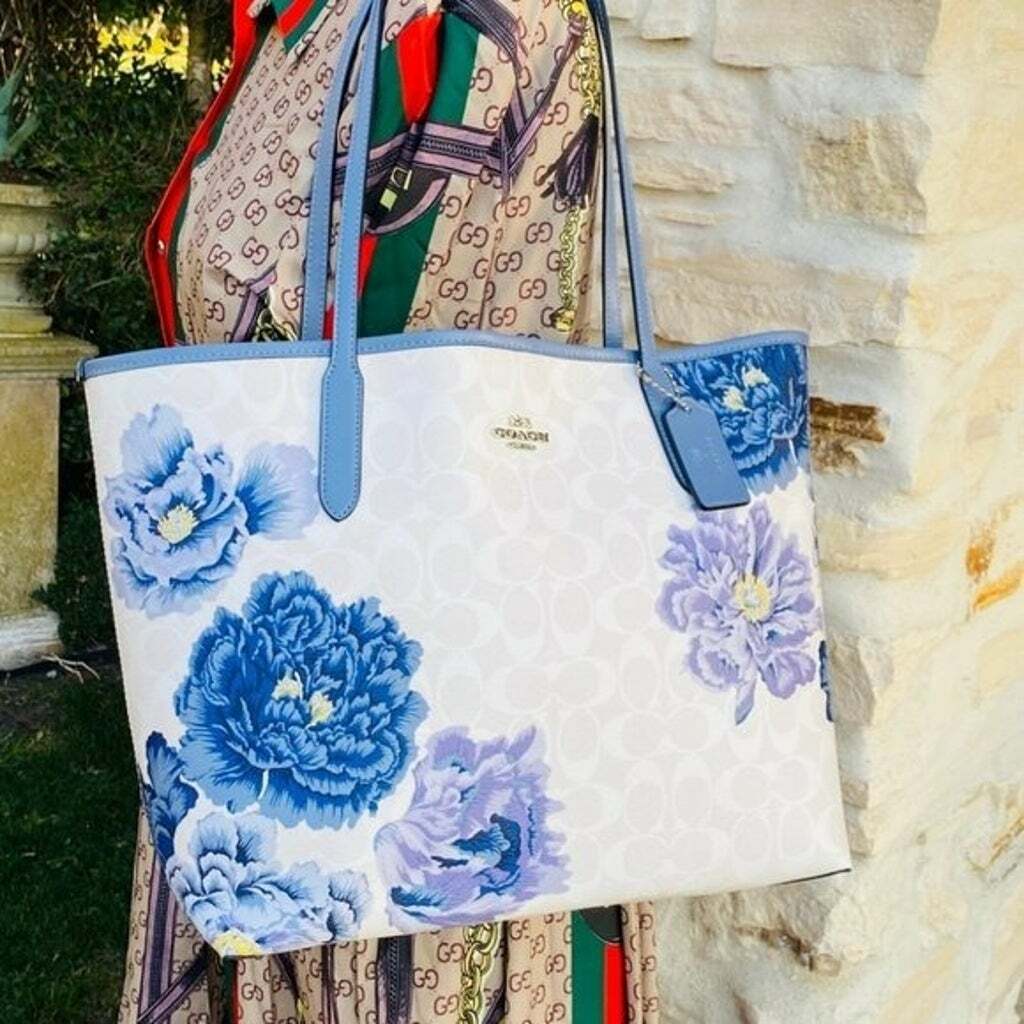 COACH KAFFE FASSETT PRINT FLORAL PERIWINKLES TOTE HANDBAG COACH KAFFE FASSETT PRINT FLORAL PERIWINKLES TOTE HANDBAG