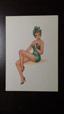 CARTOLINA  pin up donnina disegnata bionda antica costume intero verde intimo
