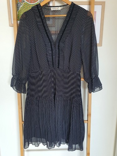 Sunny Girl Dress Sz 14 Black White Spots Pleats Elastic Waist EUC