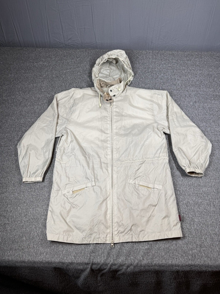 Woolrich Rain Jacket Womens M Beige Cinch Waist Packable Hood Full Zip