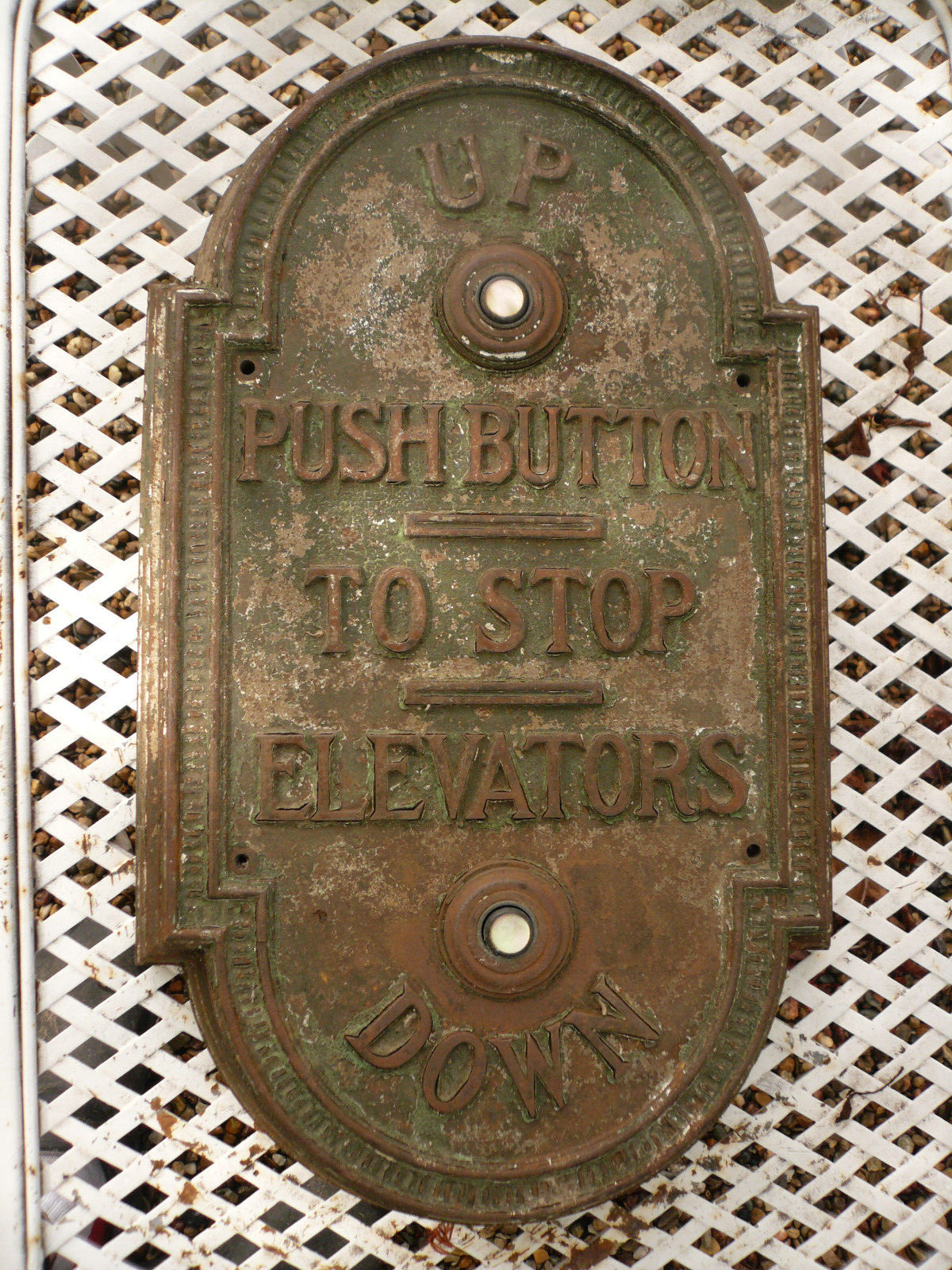 COLOSSAL ANTIQUE CAST IRON ELEVATOR CALL PANEL MOTHER OF PEARL CALL BUTTONS 18"
