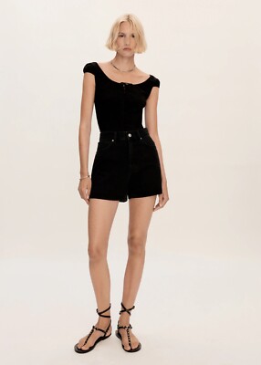 Mango Zoe High Rise Denim schwarz Shorts gerade hohe Taille UK 14 US 10