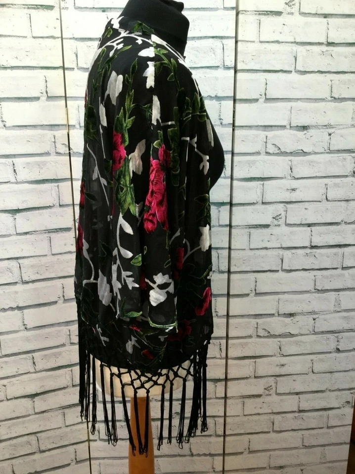 Blogger Devore Fringed Floral Pattern Open Front Kimono Cover Up UK 14 - Image 4 of 4