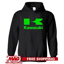 KAWASAKI BLACK HOODIE GREEN Logo Racing Sweatshirt Ninja Motorcycle Motor Bike