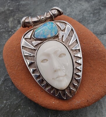 Sterling Silver 925 Goddess Bone & Boulder Opal 1.75'' Pendent Ag 24261