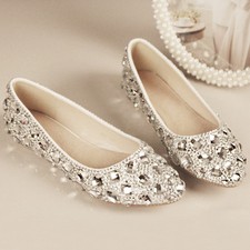 Silver Bling bridal wedding crystal low heel flat bridesmaid prom shoes size5-12