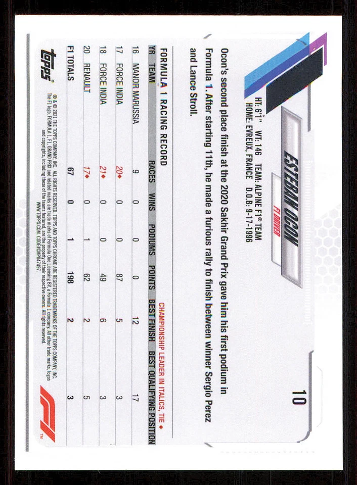 2021 Topps Chrome Formula 1 #10 Esteban Ocon - Image 2 of 2