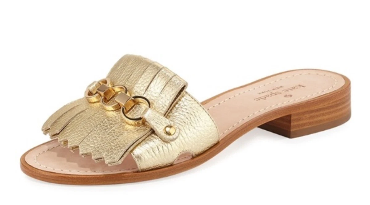 KATE SPADE NEW YORK AUTH 399 Women s Gold Leather Brie Slide Sandals Size 7.5