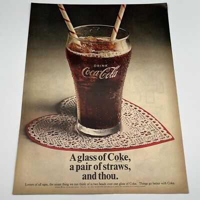 1969 Coca Cola Vintage Print Ad 13x10'' valentines day sharing a coke close up 