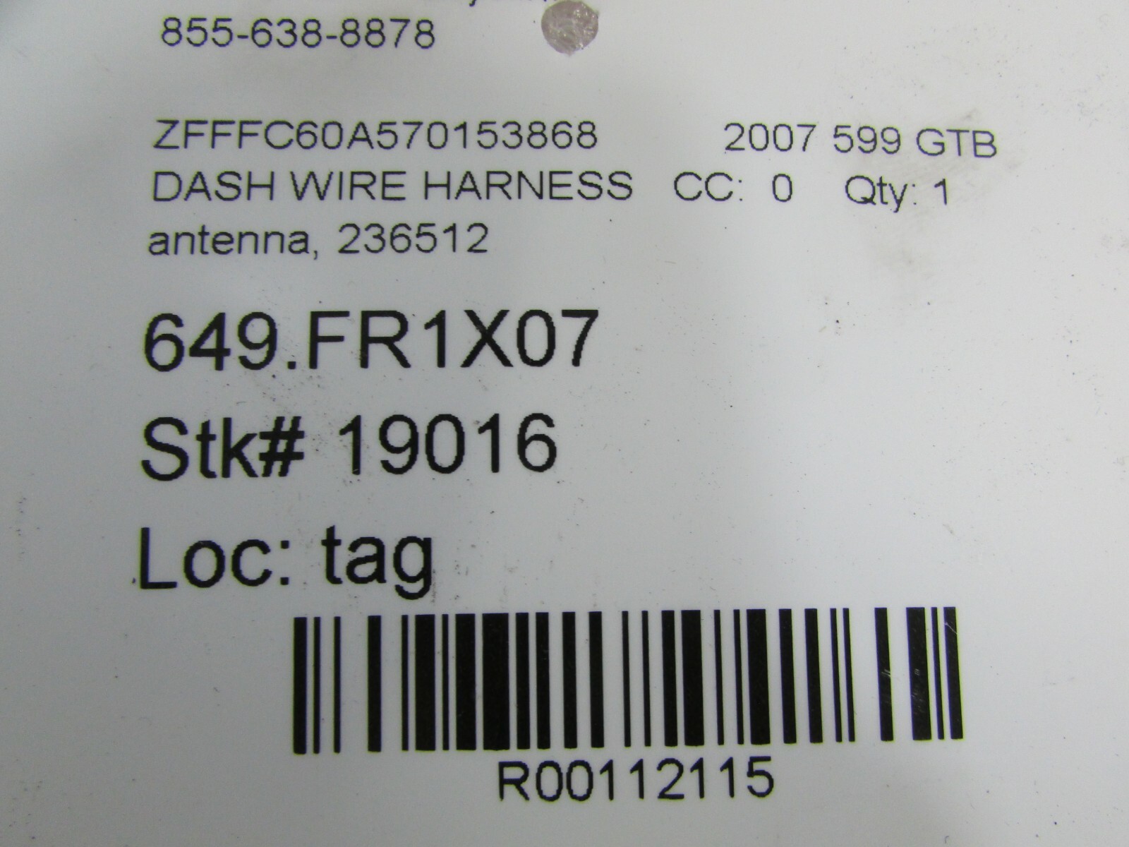 Ferrari 599 GTB, Antenna Amp and Dash Wire Harness, Used, P/N 236512, 191500