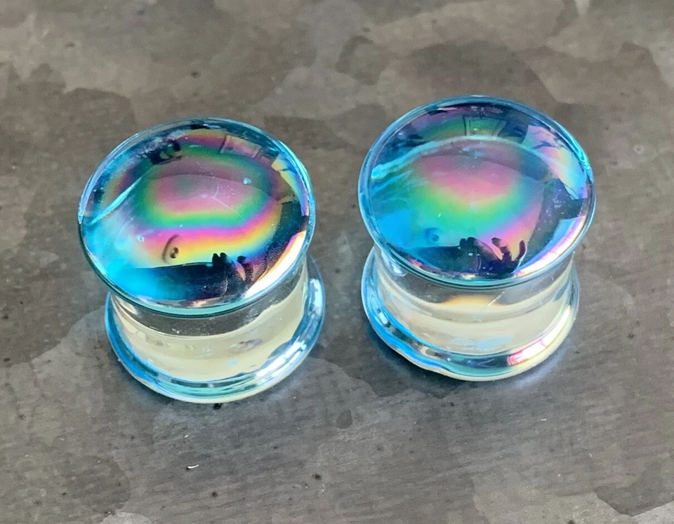 PAIR Light Blue Pearl Design Pyrex Glass Double Flare Plugs Gauges Body Jewelry  - Image 3 of 4