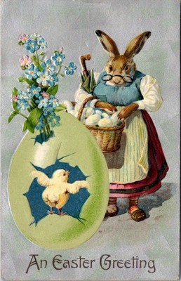 An Easter Greeting Dressed Lady Rabbit Carrying Eggs Chick Hatches Postcard A105