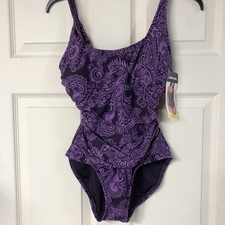 Lands End Womens One Piece Swimsuit S Purple Paisley Ruched UPF 50 NWT