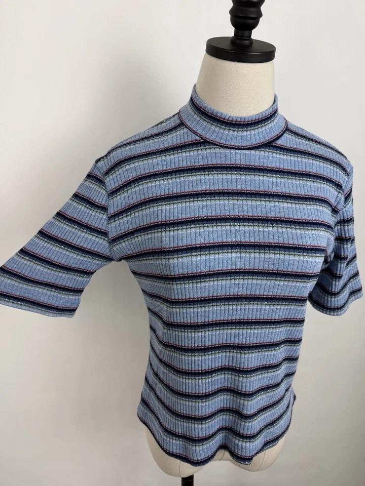 Vintage 90s Mock Neck Top Womens Medium Ribbed Knit Pastel Blue Metallic Stripe - Image 4 of 4