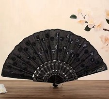 2pcs Vintage Lace Folding Hand Fan Sequin Spanish Dance Flamenco Fan