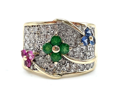LeVian 14K Gold Floral Ring Colored Gemstones & Pave Diamonds - Size 10, 9.1g