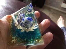 Glittery Blue Lotus Flower Orgone Reiki Energy Resin Crystal Pyramid Ornament