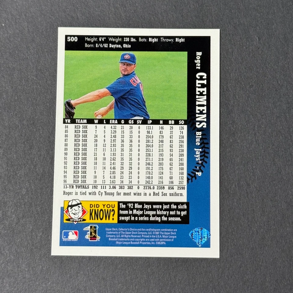 1997 Collector's Choice #500 Roger Clemens Toronto Blue Jays - Image 2 of 2