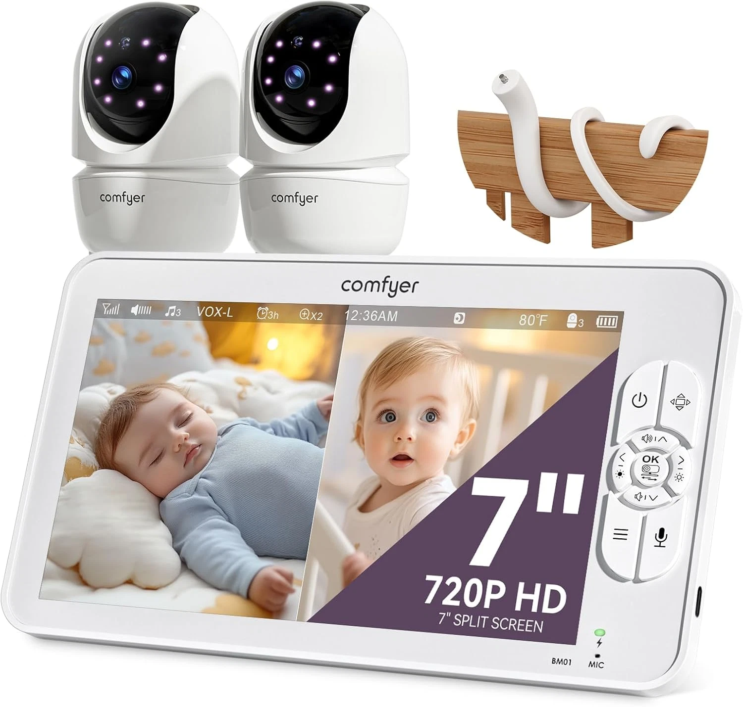BM01 7" HD Split-Screen Baby Monitor with 2 1080P Cameras, 48 Hrs 6000Mah Batter
