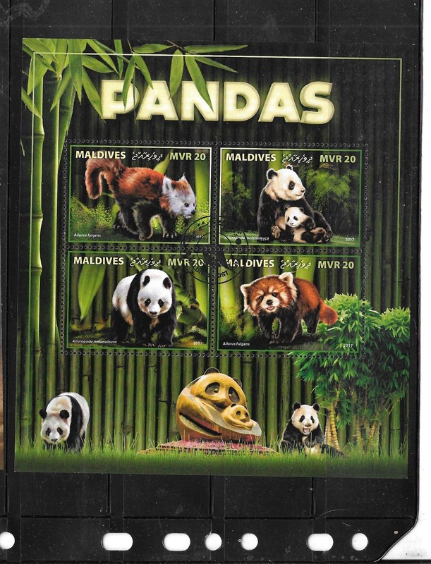 MALDIVES ISLANDS 2017 PANDA BEARS CTO USED XF BEAUTIFUL RECENT SOUVEIR SHEET